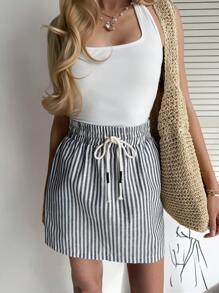 Easowa Váy ngắn chữ A kẻ sọc có túi dành cho nữ, trang phục dự tiệc, trang phục mùa hè kiểu châu Âu, trang phục phương Tây, thường ngày. - Đen và trắng - Xem 5