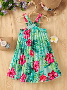 SHEIN Elladie kids Young Girls' Casual Tropical Floral Print Sleeveless Dress, New Spring/Summer Collection Girl Dress Tropical Summer Holiday - Green - View 7