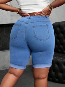 SHEIN SXY Autumn Women Plus Size Shorts With Heart Embroider  Autumn Outfits For Women Festival Outfits Biker Shorts  Elegant  Cacual Love Embroidery  Biker Shorts - Blue - View 2