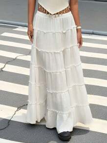 SHEIN EZwear Women's White Semi-Sheer Woven Fabric Tiered Long Skirt: A Casual Layered Style - White - View 6