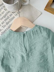 SHEIN LMoss Kids LMoss 女婴休闲简约纯色宽松短袖上衣松紧腰长裤套装，适合夏季 - 綠色 - 查看 7