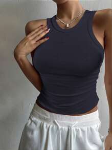 DAZY Áo ba lỗ cổ tròn nhún bèo màu trơn cho nữ - Màu xanh hải quân - Xem 1