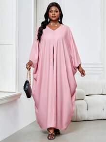 SHEIN Lady Vestido largo de túnica con mangas de murciélago abiertas, escote en V, pliegues y falda con abertura, en colores bohemios, casual y elegante, para primavera y verano, adecuado para pasear, playa u ocasiones casuales, tallas grandes, conjunto de 2 piezas para vacaciones