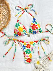 SHEIN Swim 2pcs/Set Summer Beach Holiday Women Floral Print Bikini Swimsuit, Triangle Top And Drawstring Bottom - Multicolor - View 2