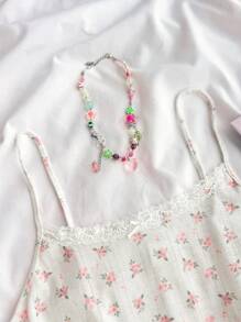 SHEIN Conjunto de 2 piezas de camisola con lazo y encaje con estampado floral diminuto, y shorts de cintura alta, estilo clean girl/bm, primavera y verano para chicas adolescentes, color azul marino - Rosa - Ver 9