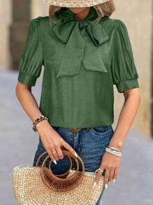 Calvaya Elegancka bluzka damska w kształcie litery H z bufiastymi rękawami i kokardą przy szyi w jednolitym kolorze - Zielony - Zobacz 4