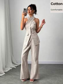 SHEIN Essnce 2件套女士纯色条纹单排扣吊带上衣和裤子休闲套装 - 杏色 - 查看 6