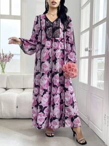SHEIN Najma Lace Patchwork Floral Print Modest & Romantic Style Arabian Dress - Pink - View 7