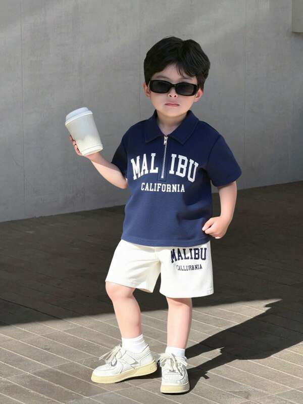 SHEIN 2pcs/Set Baby Boys Casual Collared Zip-Up Short Sleeve Polo Shirt And White Shorts Set, Comfortable Daily Wear For Indoor Home, Outdoor, Daily, Sports, Play, Party, Photo, Festival, Spring Summer