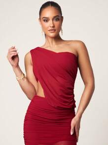 Silquee Robe d'été élégante et sexy, débardeur asymétrique rouge + jupe plissée forme A pour l'été. Ensemble deux pièces transparent pour les vacances au bord de