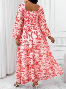 SHEIN Clasi Damen Kleid in Große Größen mit kleinem Blumenmuster, romantischer französischer Landhausstil mit Volants am Kragen, Langarm, taillierter Schnitt, lange Bauernkleid-Silhouette - Rot - Übersicht 2