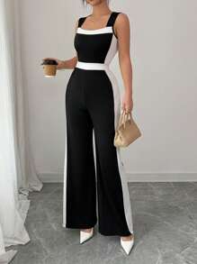 SHEIN Unity Women's Elegant Contrast Color Strap Wide Leg Jumpsuit - Black and White - View 4