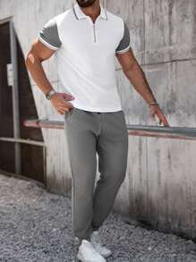 Manfinity CasualCool 男式短袖拉链 Polo 衫和纯色裤子套装 - 白色 - 查看 4