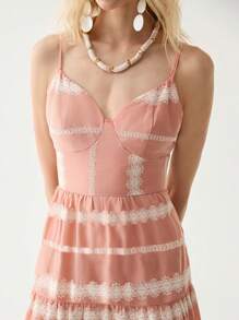 Florisole 女式优雅休闲度假波西米亚拼接露背细肩带长裙 - 粉色 - 查看 6