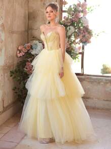 Glamrae Elegante y hermoso vestido de fiesta de satén con profundo escote en V, múltiples capas y detalles de ballenas, ideal para citas, fiestas, graduaciones, ceremonias de boda, ocasiones formales y cenas. Color amarillo claro con tul. - Amarillo - Ver 5