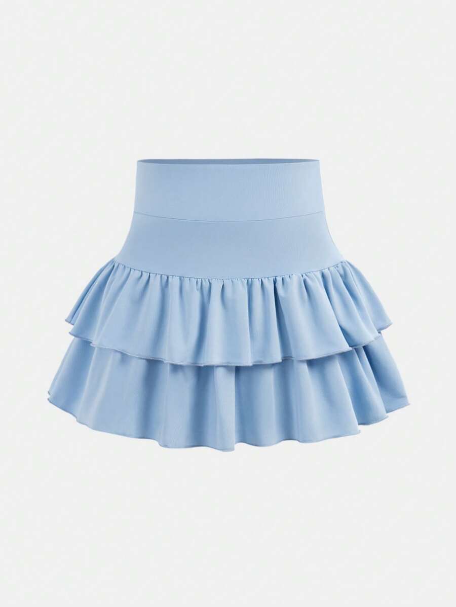 SHEIN Girlism Tween Girls Knitted Solid Color Cute Ruffle Layered Built-In Shorts Mini Skirt, Y2K, Fashionable & Unique - Baby Blue - View 1