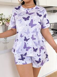 SHEIN Bộ đồ ngủ tay ngắn in hình bướm cỡ lớn - Màu tím hoa cà - Xem 5