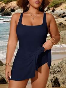 SHEIN Swim Curve Falda de traje de baño de talla grande de unicolor con bajo anudado, para playa de verano