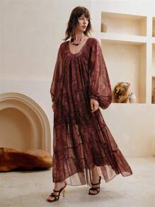 Arave 女士雪纺细肩带宽松喇叭袖灯笼袖度假风印花时尚通勤多层拼接V领荷叶边长裙两件套 - 棕色 - 查看 8