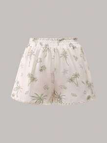 Sweetra Women Palm Tree Print Bohemian Tassel Drawstring Shorts - White - View 2