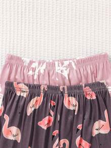 2pcs/Set Girls Flamingo Print Top And Pants Home Outfit, Dark Blue