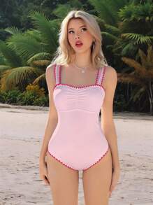 SHEIN Swim Mod 女士沙滩装，纯色罗纹修身连体泳衣，夏季新款简约优雅 - 粉色 - 查看 3