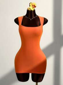Amplova Women's Orange Knitted Mini Dress: Sleeveless, Square Neck, Backless, And Semi-Sheer Bodycon Dress For A Stylish Look
