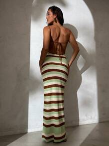 Aloruh Women's Spring/Summer New Knitted Crochet Crossed Backless Striped Bohemian Dress, Elegant Vacation Dress Summer Outfits For Women Ave Outfits Festival Rave Coachella Festival  Rave Outfits Festival Outfits For Women Country Concert Outfit Festival Outfits Sundress Western Clothes For Women Summer Dresses For Women Dresses For Women Summer Outfits For Women Vacation Boho
