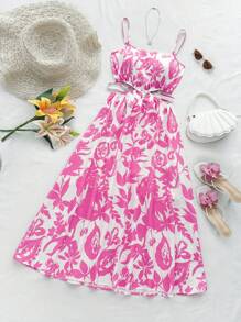 Soleia Women's Vacation Loose Fit Floral Print Hollow Out Waist Long Swing Dress, Suitable For Summer, Christmas, Party, Valentine's Day, Date, Afternoon Tea - Multicolor - View 5