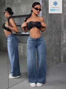 SHEIN ICON 女式宽松V领低腰口袋阔腿牛仔裤