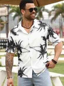 Manfinity RSRT Cămașă cu mânecă scurtă cu imprimeu cocos, ocazional de vacanță, pentru bărbați de mărimi plus