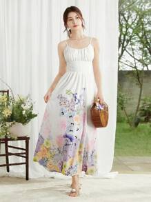 SHEIN LUNE Women Elegant Floral Print Sleeveless Waist-Defined Swing Dress - White - View 4