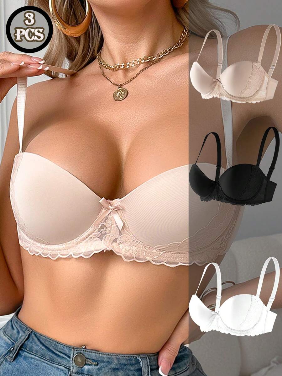 SHEIN Set di 3 reggiseni da donna con inserti in pizzo e fascia sottoseno - Multicolore - Visualizzare 1