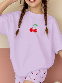 SHEIN Leap Crew 2 件套青少年女孩休闲简约短袖 T 恤和短裤套装，适合夏季 - 彩色 - 查看 3