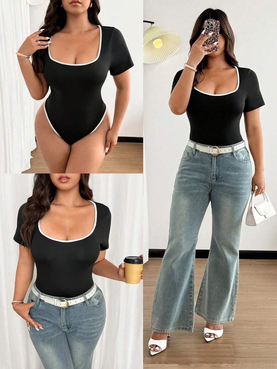 Flirla Plus Size Women Contrasting Color Trim Tight Bodysuit