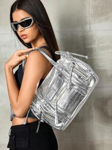 SHECARRY Women's Fashion Personalized Y2K Motorcycle Style Zipper Decor Handbag - Bright silver - View 4