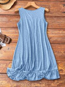 大码女式纯色圆领休闲毛衣连衣裙 - 淺藍色 - 查看 2