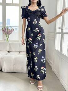 Modelyn 1pc Women's Elegant Front Ruffle Splice Floral Print Split Hem Dress - Black - View 6