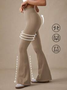 1pc Regular Flare Pants, Moisture Wicking Fabric, Wheat Color, Side Wheat Design, Basic Style, Seamless, Suitable For Fitness/Yoga