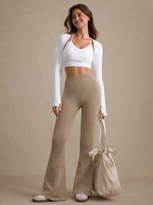 1pc Regular Flare Pants, Moisture Wicking Fabric, Wheat Color, Side Wheat Design, Basic Style, Seamless, Suitable For Fitness/Yoga