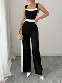 SHEIN Unity Women's Elegant Contrast Color Strap Wide Leg Jumpsuit - Black and White - View 5