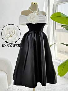 Franclia Abito da donna elegante con contrasto di nero e bianco, decorato con fiori, camisole a-line, adatto per compleanni, lauree, concerti, discoteche, nuova collezione primavera/estate