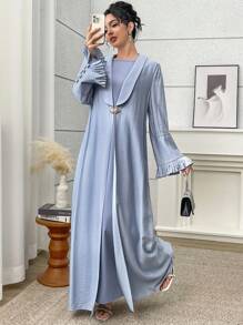 Yasmyna 女士优雅宽松喇叭袖金属纽扣长袍，端庄长袍 - 藍色 - 查看 2