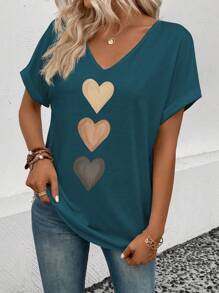 SHEIN Women's V-Neck Turnup Cuff, Ombre Heart Print Casual Versatile T-Shirt, Spring/Summer - Blue - View 5