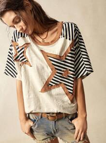 Bohemela Vintage amerikanischer, legerer Urlaubs-Stil, Farbblock Sternmuster Loose Fit Rundhals Kurzarm Damen T-Shirt