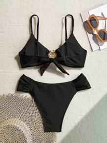 Swim Vcay 女士春假海滩度假性感金属配饰全素食高切褶皱细肩带比基尼套装，女士夏季泳装 - 黑色 - 查看 2