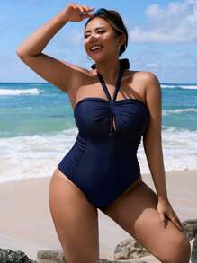 Swim Lushoire Elegant Plus Size Women Solid Color Ruched Halter One-Piece Swimsuit, Vacation For Summer - Navy Blue - View 6