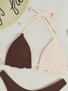 Swim Basics Contrast Color Halter Wireless Split Bikini Swimwear, Suitable For Summer Beach - Brown - View 3