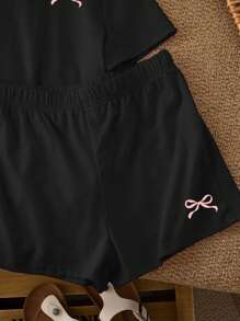 SHEIN Tween Girls Casual Simple Short Sleeve Shorts 2 Pieces Set, Suitable For Summer - Black - View 5