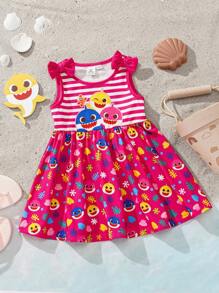 BABY SHARK X SHEIN Robe sans manches mignonne et douce avec imprimé de requin dessin animé à rayures contrastées et nœud décoratif pour bébé fille - Rose bonbon - Voir 6